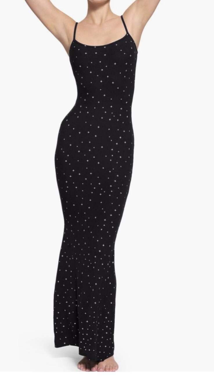 SKIMS Black Star Print Ribbed Maxi Slip Dress